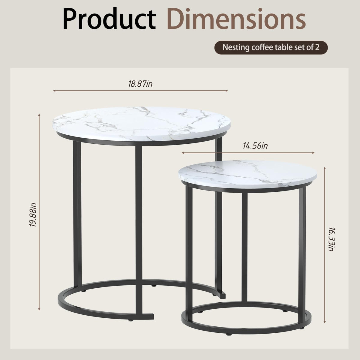 Garden 4 you Nest of Tables Set of 2,Round Coffee Table for Living Room,White Removable Coffee Table Set,Nesting Tables End Table for Living Room