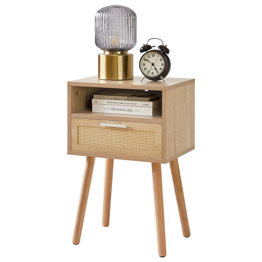 IBUYKE Rattan Nightstand, Boho Side Table with Drawer Open Shelf, Wood Accent Bedside Table, End Table with Legs for Bedroom, Living Room and Small