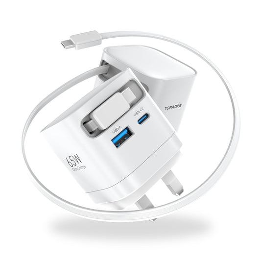 65W USB C Charger with Retractable Type C Cable, 3-Port GaN Fast Charger Plug UK Power Adapter for MacBook Pro/Air, for iPhone 17/16/15 Pro Max