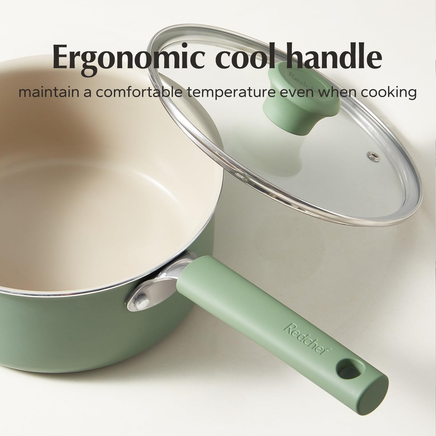 Redchef Ceramic Nonstick Saucepan with Lid,18cm Small Cooking Pot, Non Toxic Sauce Pans for Kitchen, Cool Handle PFAS Free Compatible with All