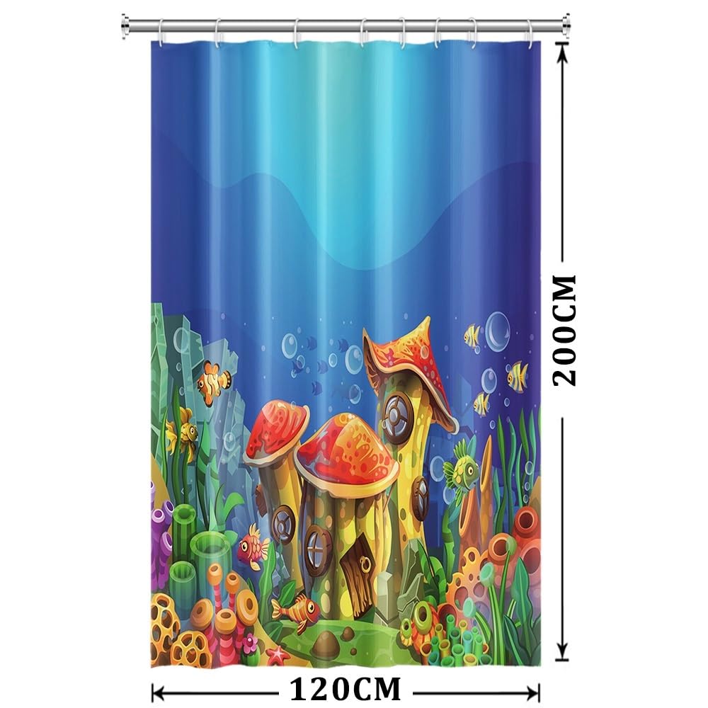 Xiaoterna Summer Fairy Tale Underwater World Shower Curtain Blue Ocean Mushroom House Nautical Waterproof Bathroom Curtain Fishes Floral Coral
