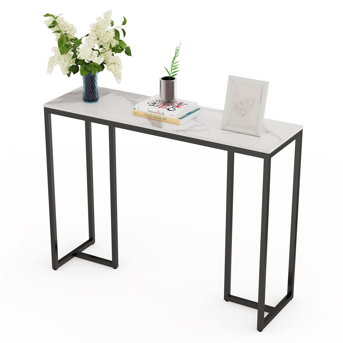 Slim Console Table Hallway Unit: White Marble Top Consoles Desk Long 100cm High Gloss Sintered Stone Marbles Effect and Black Legs Narrow Tall Modern
