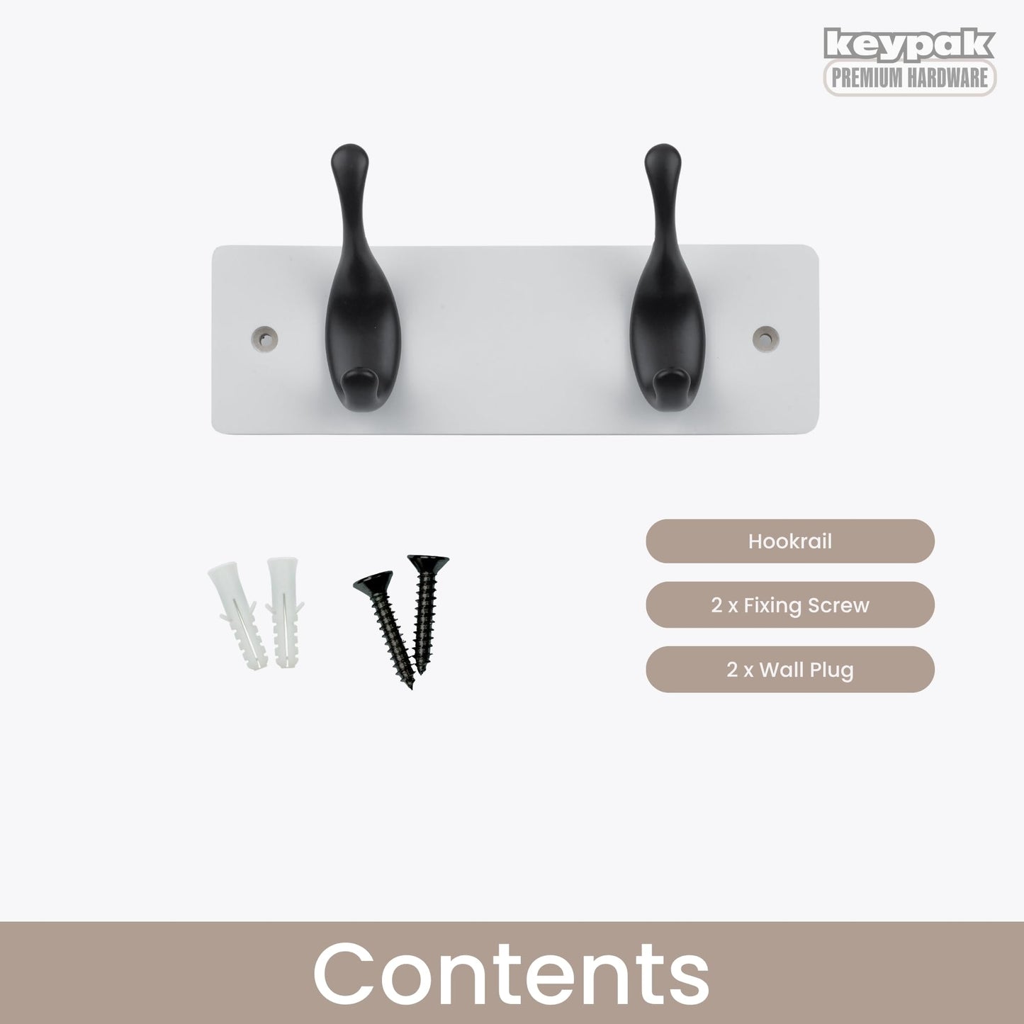keypak 2 Matte Black Coat Hooks on White Wooden 22.5cm Board 3.4kg Per Hook
