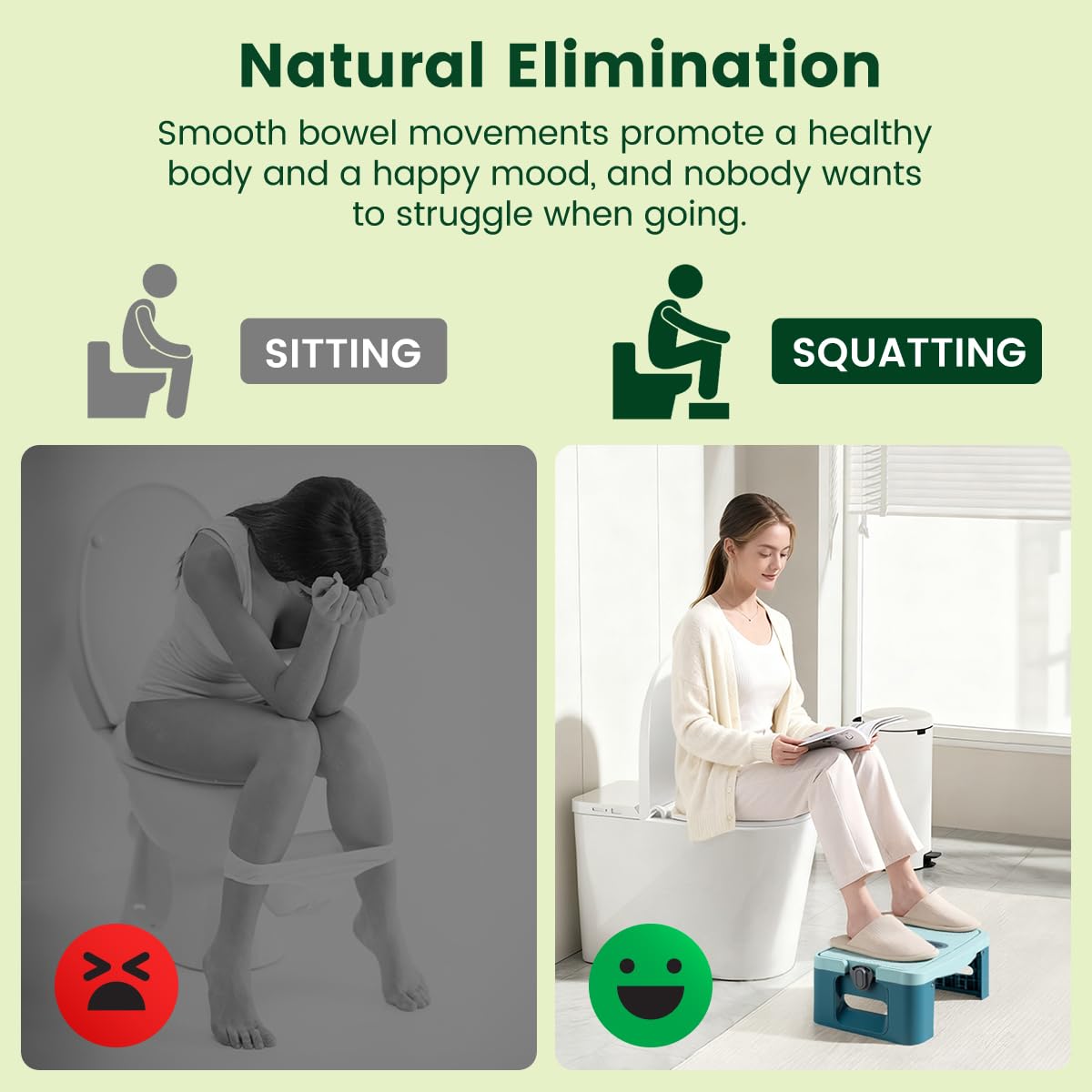 GedFong 17cm Folding Toilet Stool, Non-Slip Bathroom Footrest, Space-Saving Foldable Toilet Stool with Aroma Compartment, PP Material, Algae Green