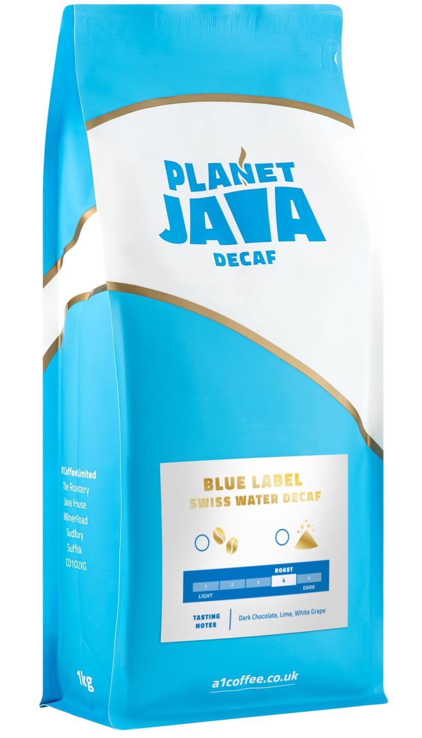 Planet Java Blue Label Swiss Water Decaf Ground Coffee (1 x 1kg Bag) - 100% Arabica Full Medium Roast For Filter Machines
