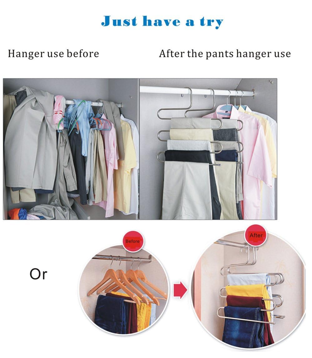 MEYA Set of 2 Trousers Rack Closet Hangers Stainless Steel S-type Pants Hangers Multi Layer Space Saver Storage Rack