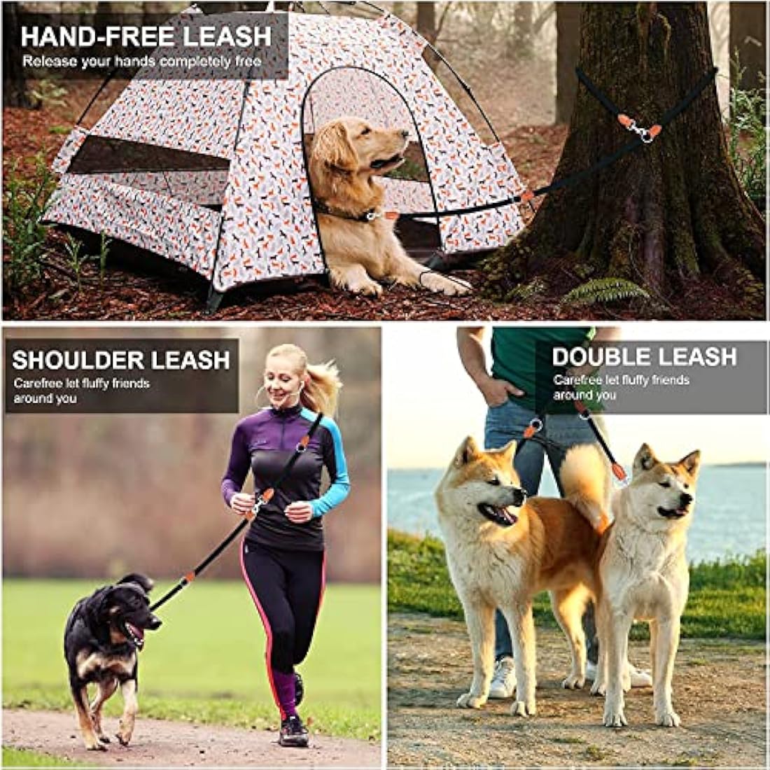 Heydoggy Multi-Function Hands Free Dog Lead (7ft) - Strong Training Leads, 1.4cm Thick Nylon Double (3 Adjustable Lengths) Walking Running Long Rope Leash for Small Medium Large Dogs Black, 1/2''