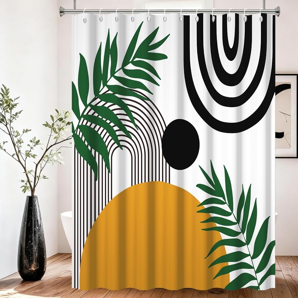 Xiaoterna Boho Shower Curtain Rustic Black Arch Lines Green Leaves Bathroom Curtain Retro Abstract Sun Leaves Lines White Waterproof Machine Washable