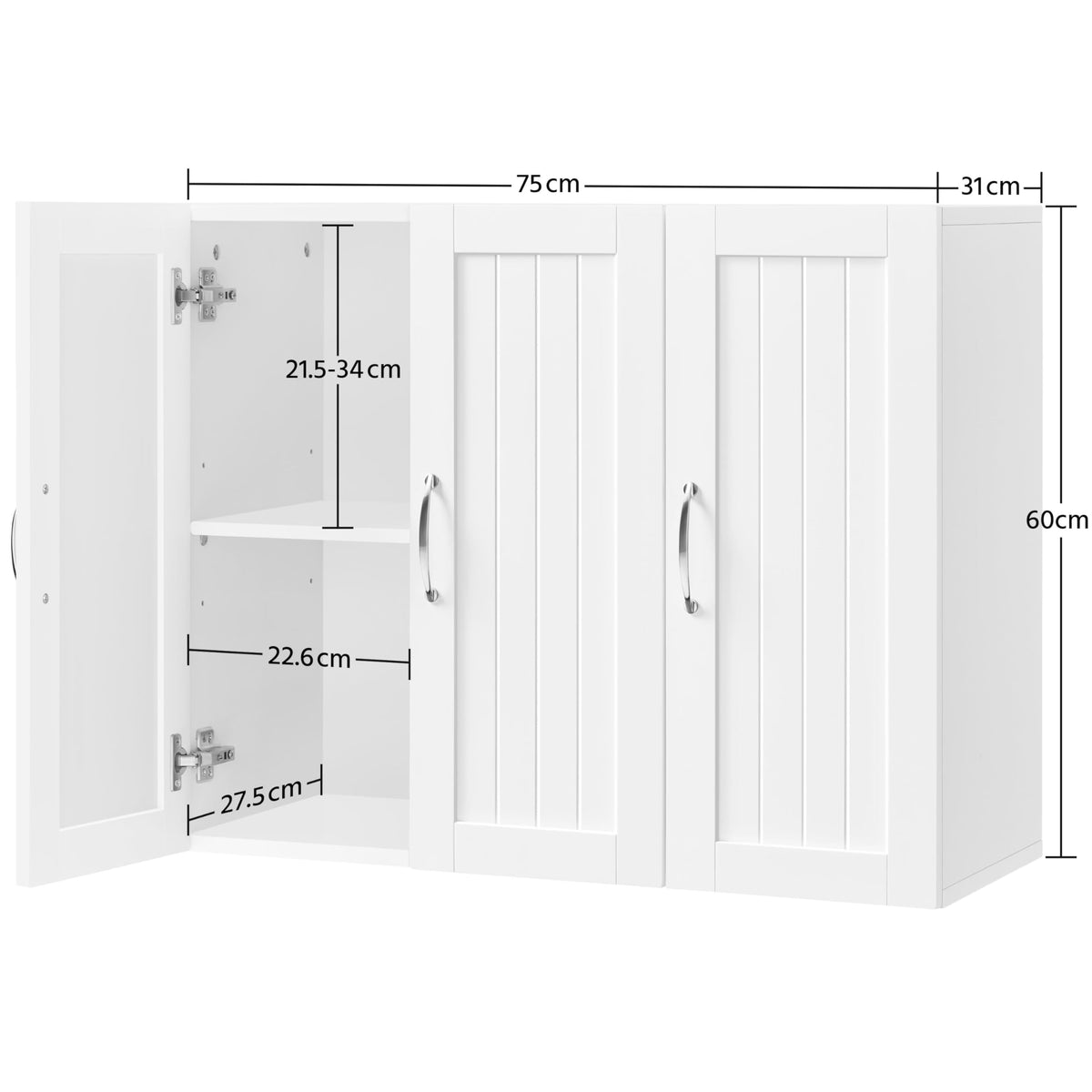 Yaheetech Bathroom Wall Cabinet, 3 Doors, 75 × 31 × 60 cm, White
