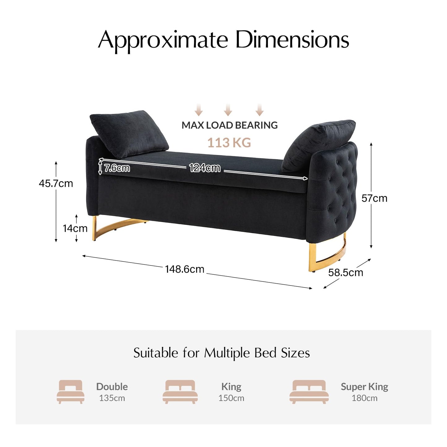 HULALA HOME Large Storage Bench with Metal Base for End of Bed, Black