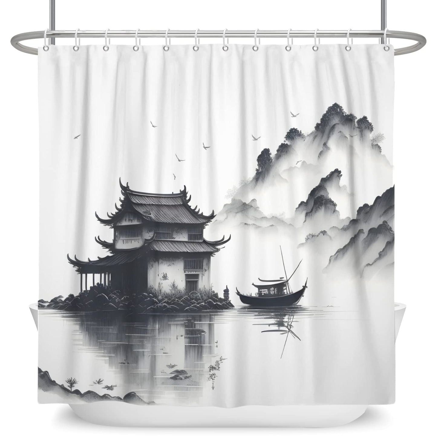 SDOTPMT 180x180cm Lake Mountain Shower Curtain Smokey Mountain Boat Wild Nature Bathtub Countryside Scenery Photo Artwork Bath Curtain for Bathroom