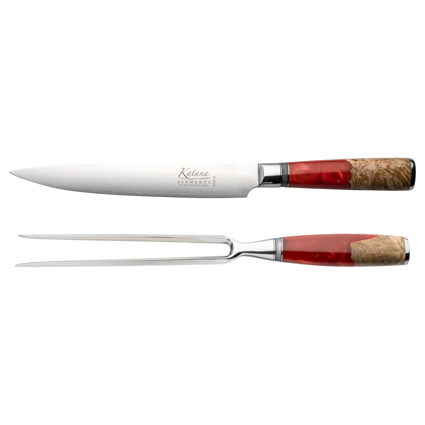Katana Saya Elements 2 Piece Carving Set, Volcanic Red, Carving Knife and Carving Fork, 67-Layer VG-10 Damascus Stainless Steel, Natural Olivewood and