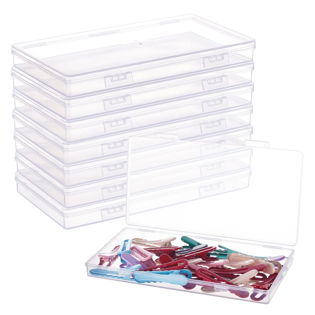 BENECREAT 8 Pack 16.5x9x1.6cm Rectangle Clear Plastic Bead Storage Containers Box with Hinged Lids for Paint Brushes, Pencil, Vinyl Tools