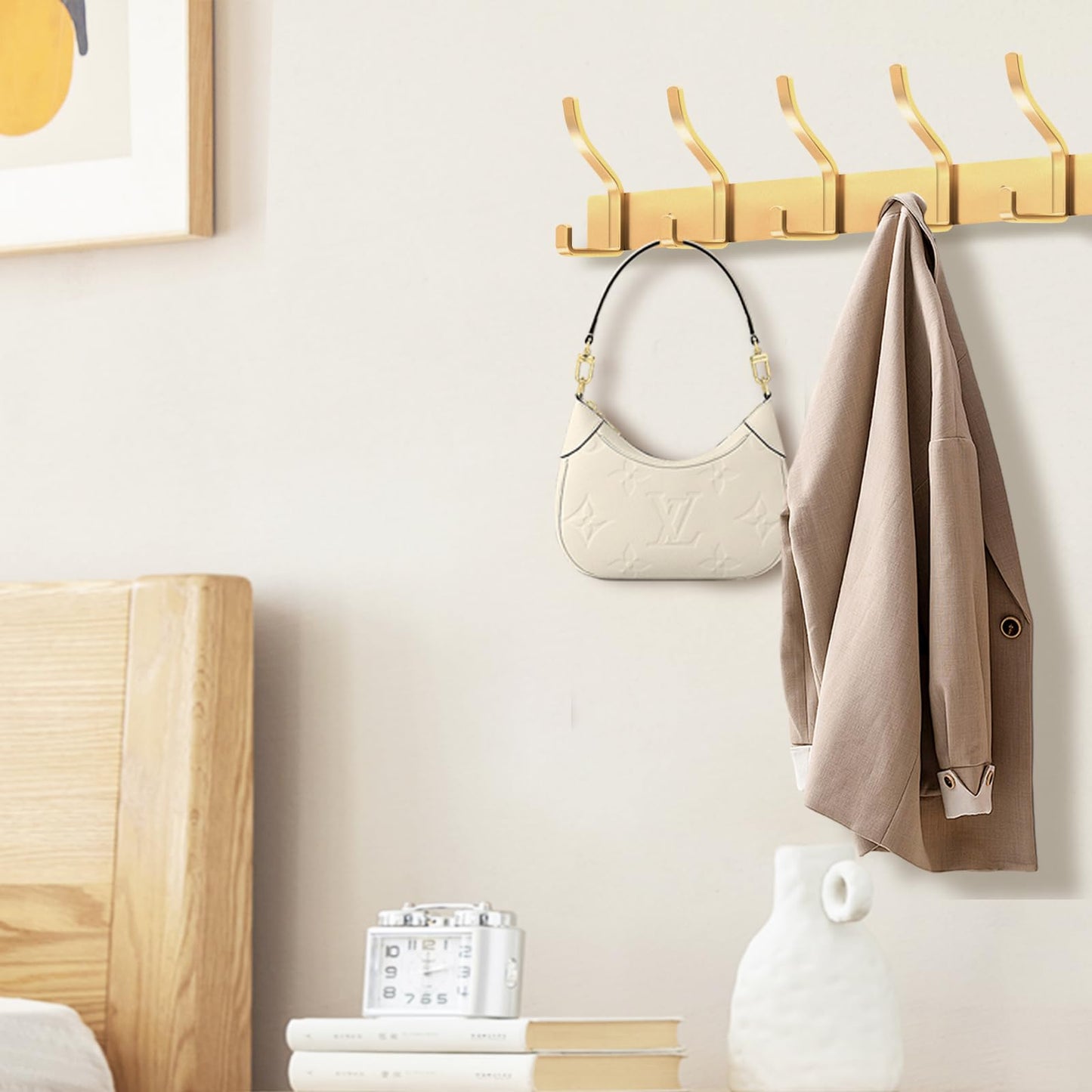 MEIJO Coat Hooks Wall Mounted Stainless Steel, Gold Coat Rack Wall Mounted with 4 Hooks Heavy Duty Coat Hooks for Door, Bathroom, Bedroom, Kitchen