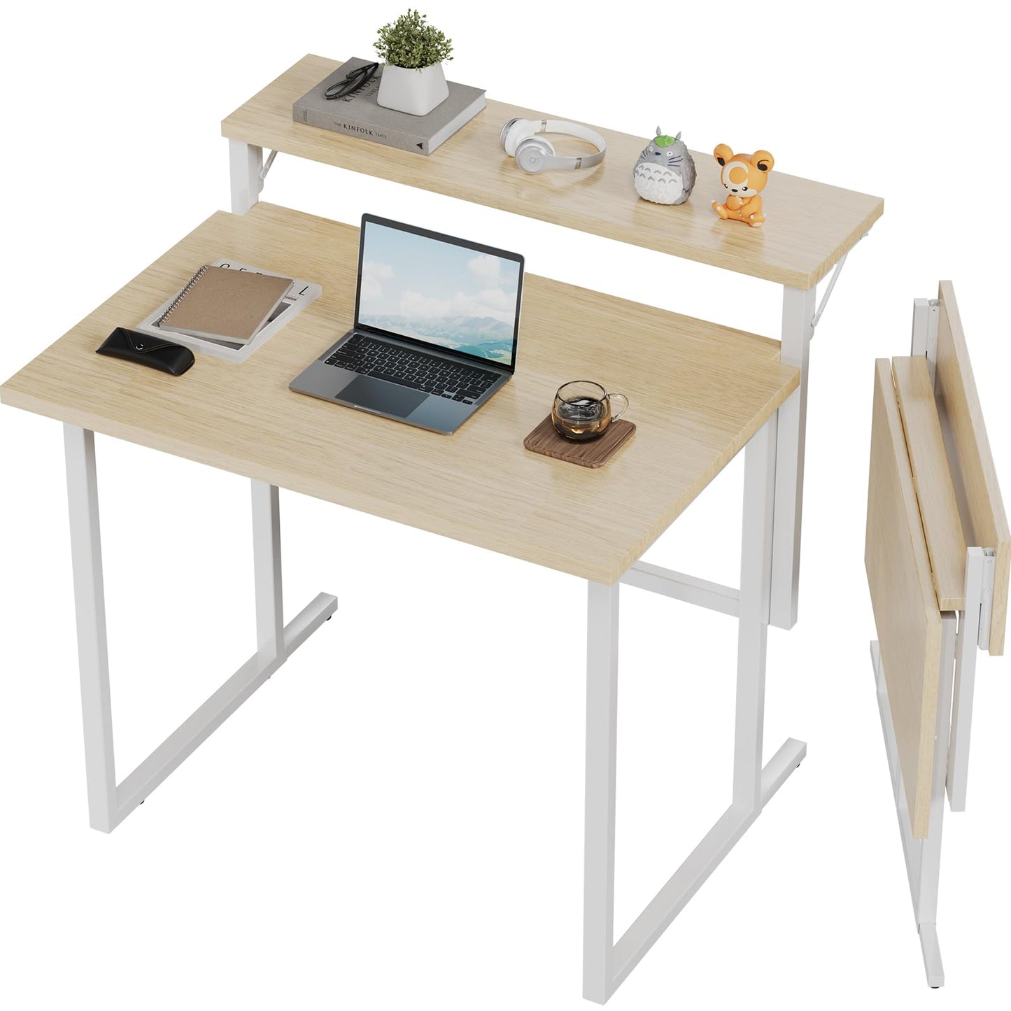 JUMMICO Foldable Desk,Small Desk with Monitor Shelf,2-Tier Folding Table for Home, Office, School, Computer Desk for Small Space,Oak