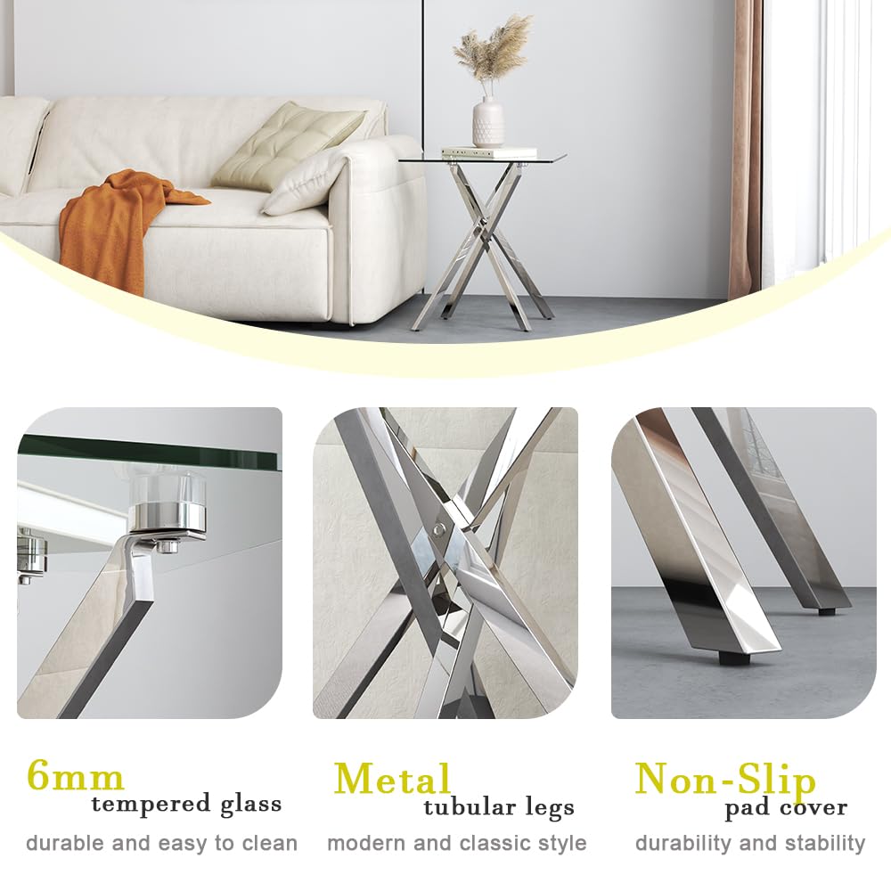 GOLDFAN Small Glass End Table with Chrome Legs for Living Room Square Side Table Modern Contemporary Nightstand for Bedroom (Glass&Chrome Legs)