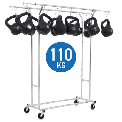 Tatkraft Denver - Heavy Duty Double Clothes Rail on Wheels, Holds Up to 242 Lbs 110 Kg, SET UP WITHIN 1 MINUTE, Chromed steel
