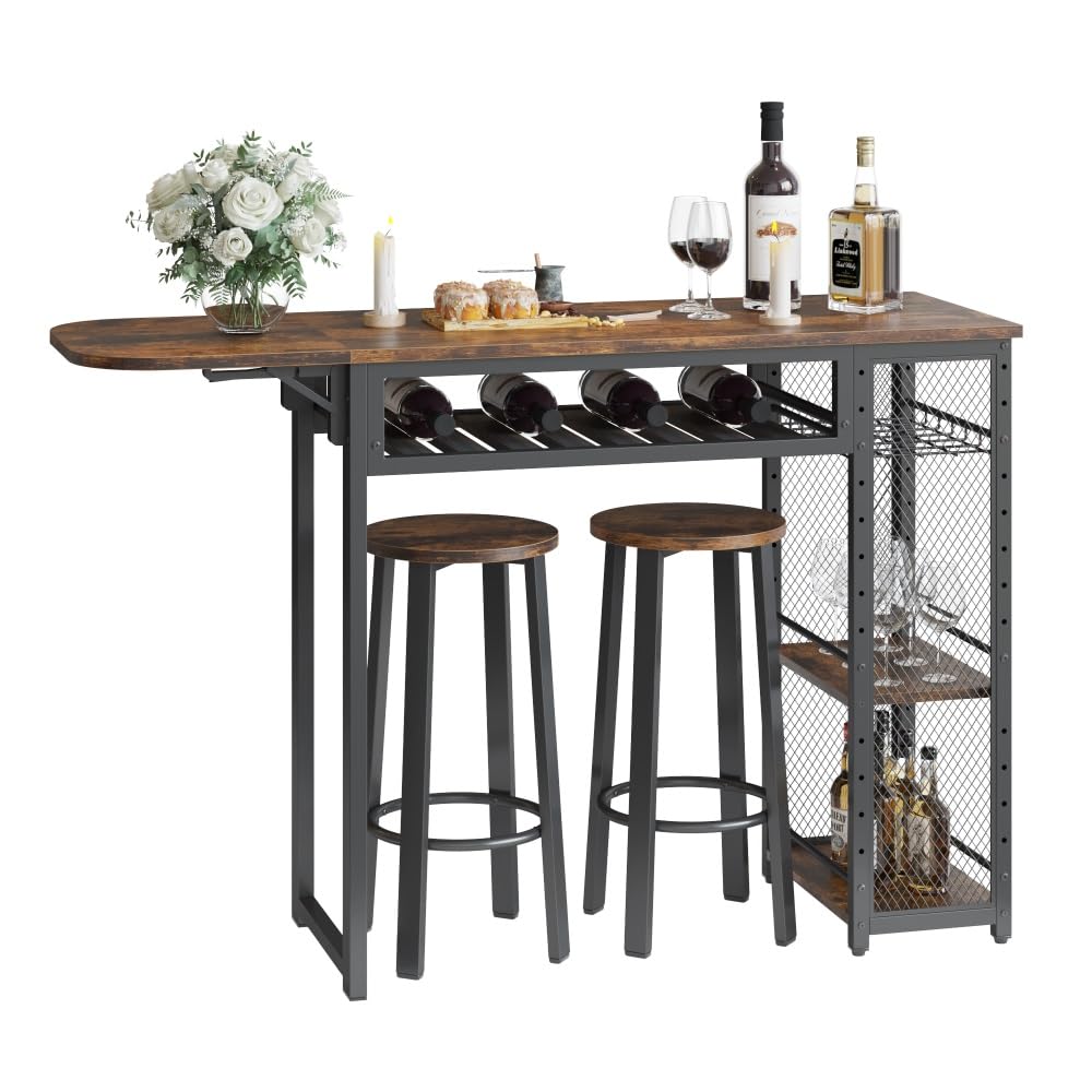 Bestier Bar Table and Chair Set, Expandable Dining Table with 2 Bar Stools, Industrial Kitchen Counter with Wine Rack & 3 Tier Adjustable Storage