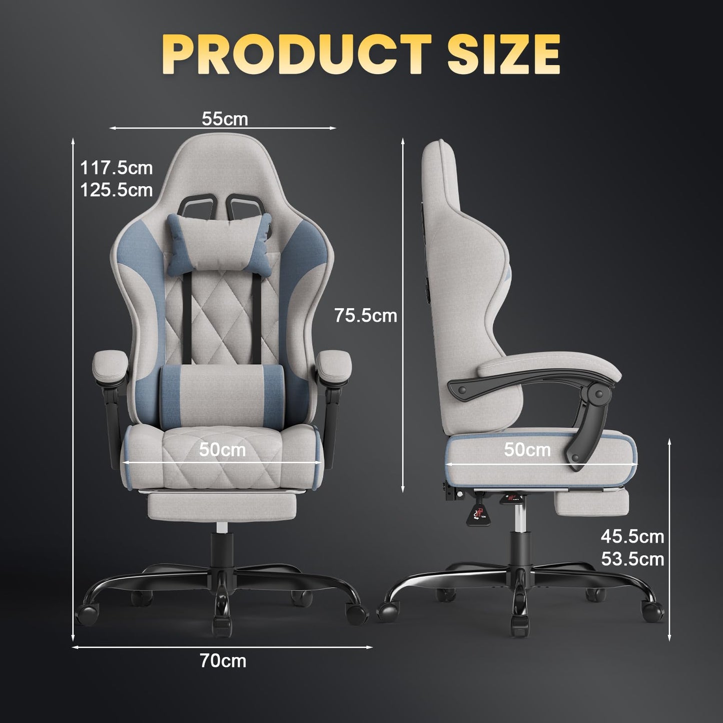 JUMMICO Fabric Gaming Chair with Footrest – Ergonomic Reclining Gamer Chair for Adults with Pocket Spring Cushion, Headrest & Massage Lumbar Support