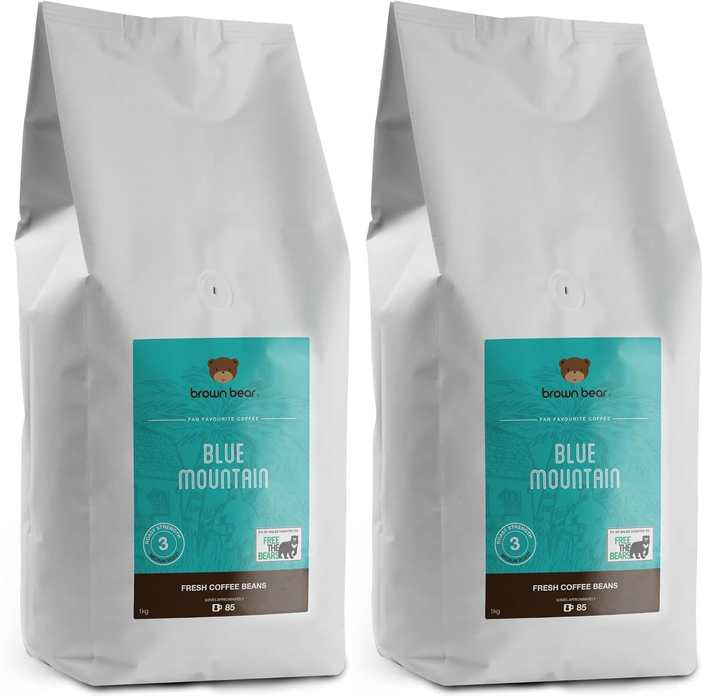 Blue Mountain Medium Roast Coffee Beans 2kg - 2 x 1kg Bundle - Brown Bear - For All Coffee Machines - Strength 3 - Donation to Free The Bears - 100%