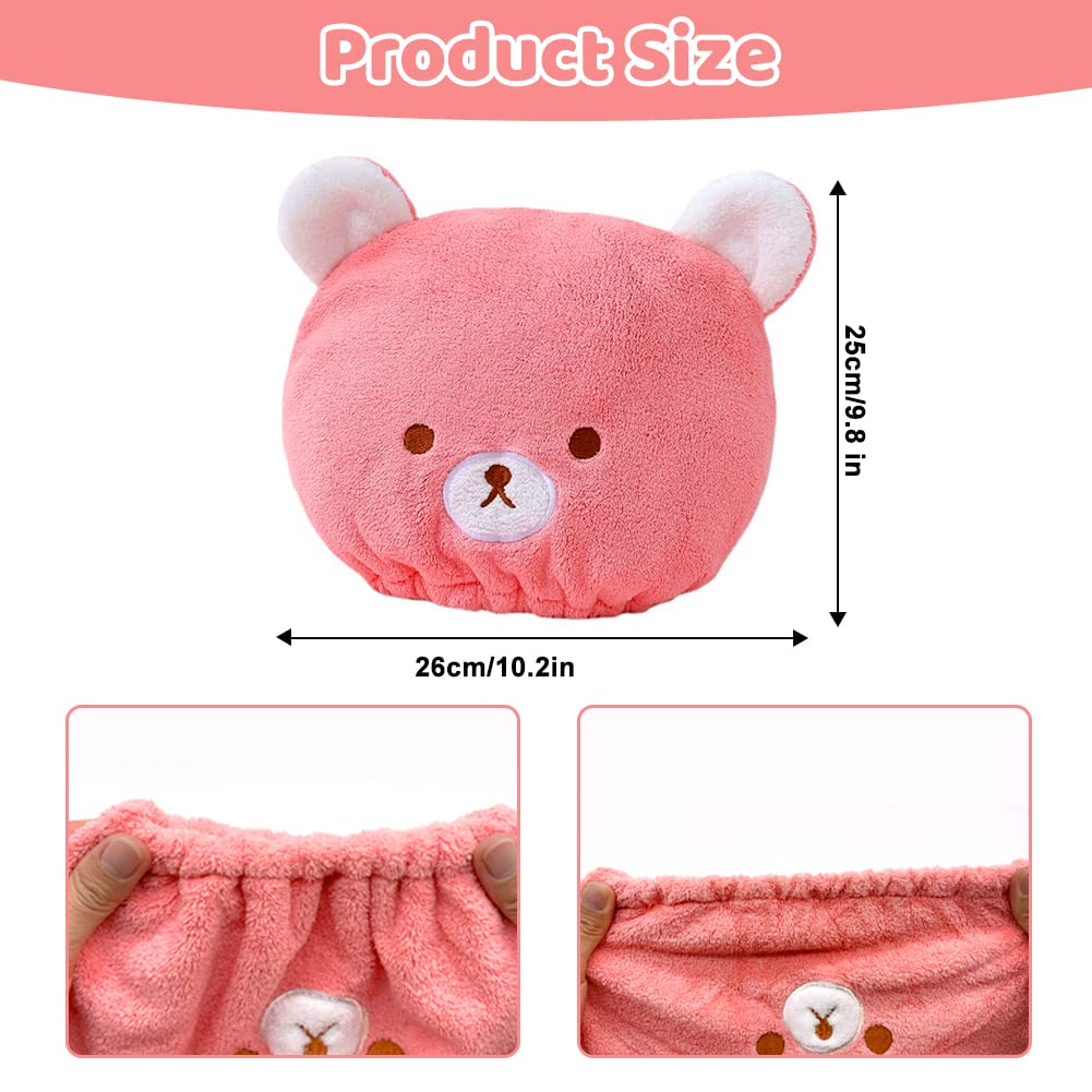 SwirlColor Hair Towel Wrap Hat for Kids, 2 Pcs Cute Cartoon Bear Microfibre Hair Towel Wrap Super Absorbent Quick Drying Turban Cap Pink and Camel