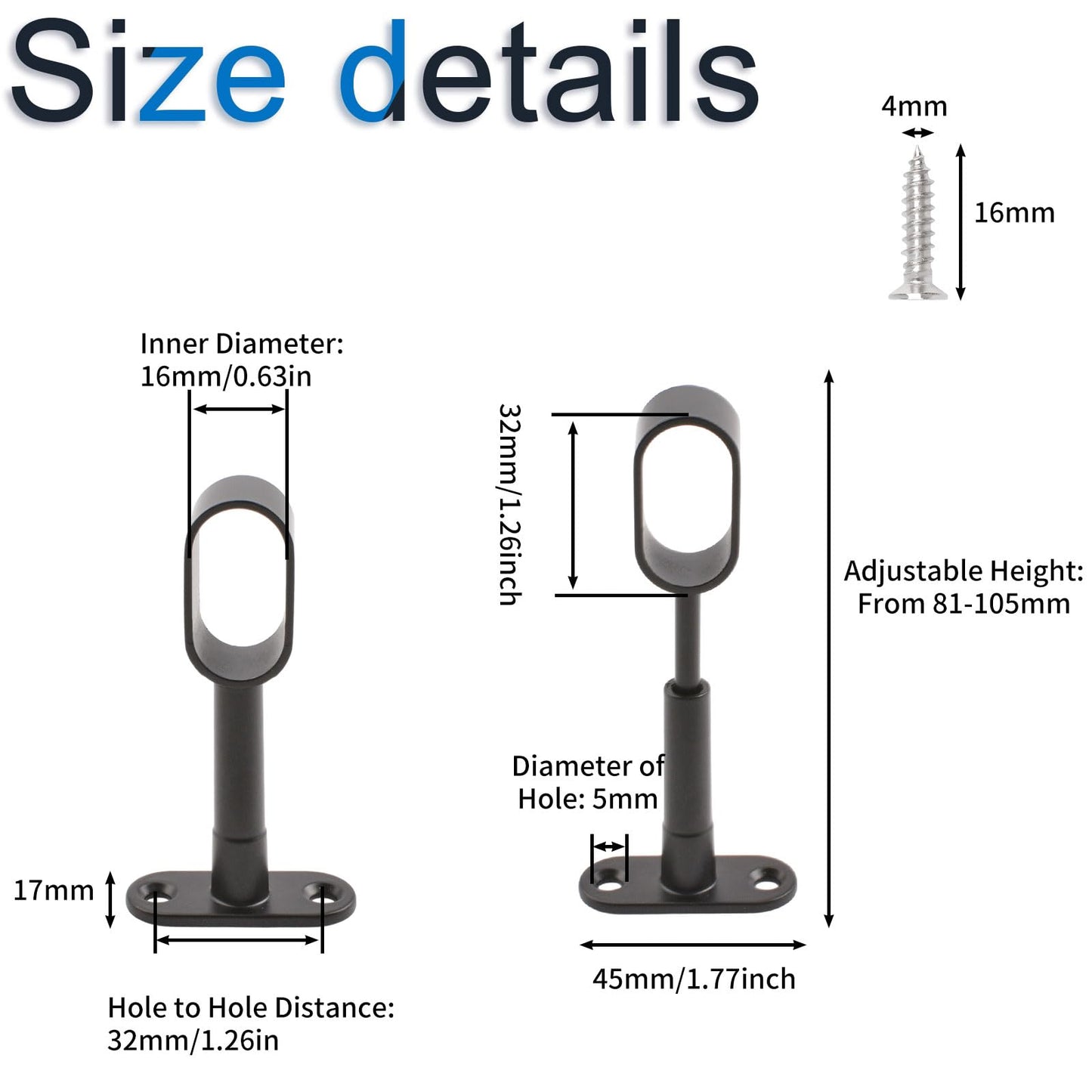 INCREWAY Oval Wardrobe Rod Support, Black Zinc Alloy Ends, Adjustable Hollow Rod Bracket, for Bedroom & Bathroom