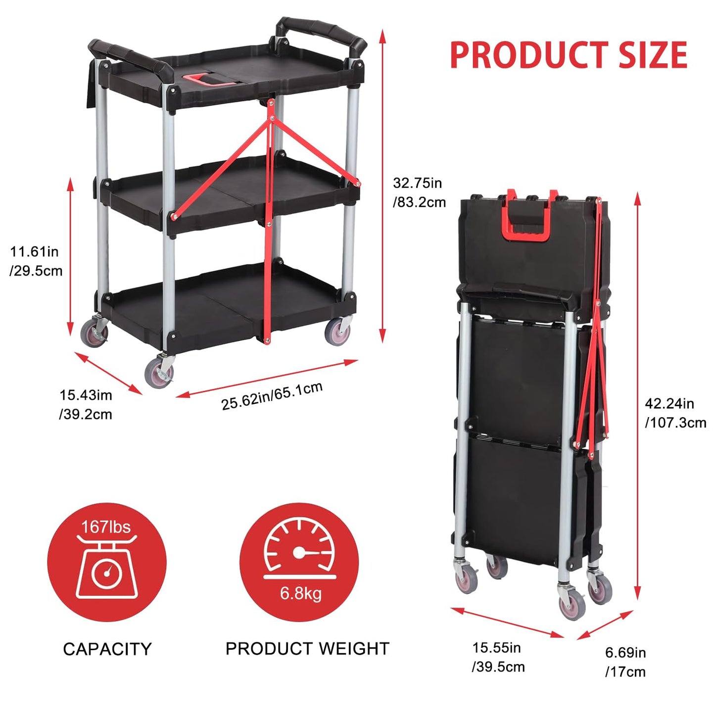 uyoyous 3-Tier Service Carts Folding Rolling Utility Cart Heavy Duty Metal Frame Tool Cart with Lockable Silent Wheels Supports Up to 200 lbs for