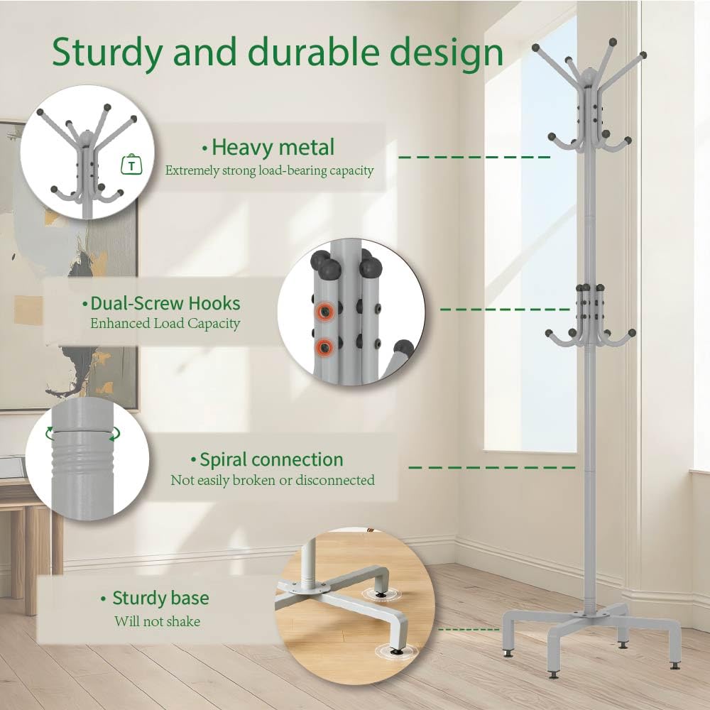 dongliangqinying Metal Freestanding Coat Rack, 3-Tier Coat Stand with 12 Hooks, Non-Slip Black Hat and Handbag Stand for Hallway