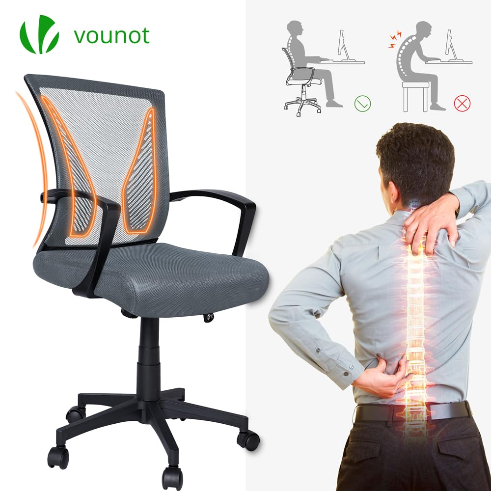 VOUNOT® Ergonomic Office Desk Computer Chair, Executive Swivel Chair with Armrest & Back Support for Home Office, Grey