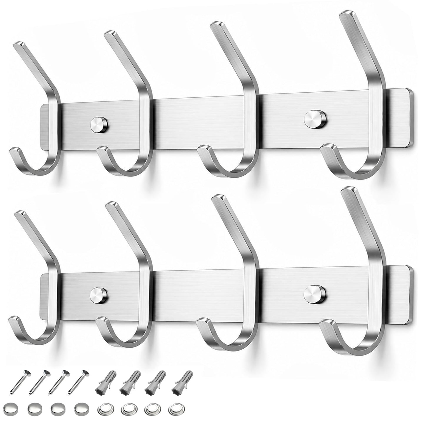 TINIFO Coat Hooks Wall Mounted - Stainless Steel Coat Rack 4 Hook (2 Pack), Silver