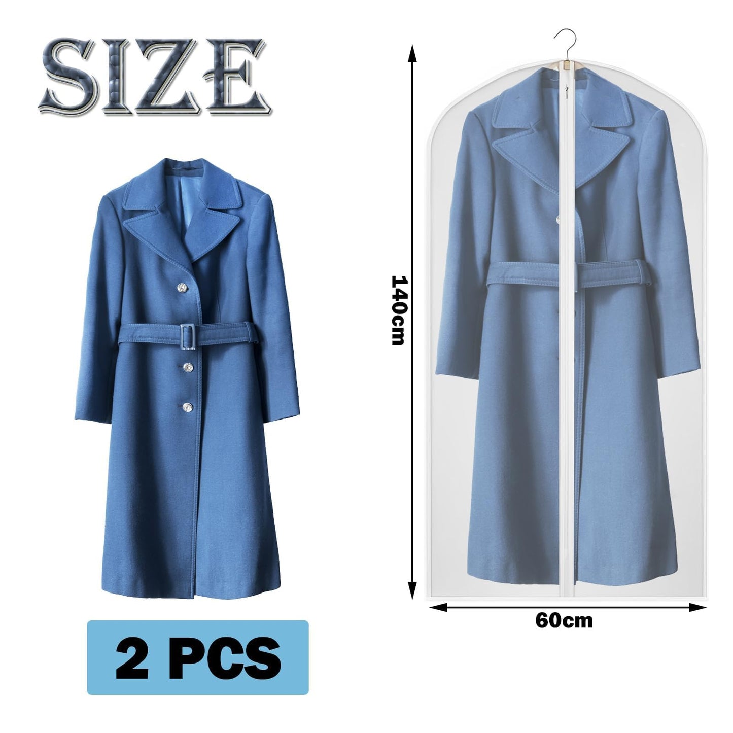 2 PCS Dress Bag Hanging Long Bags Covers Full Zipper Dress Protector Bags (60cm×140cm)