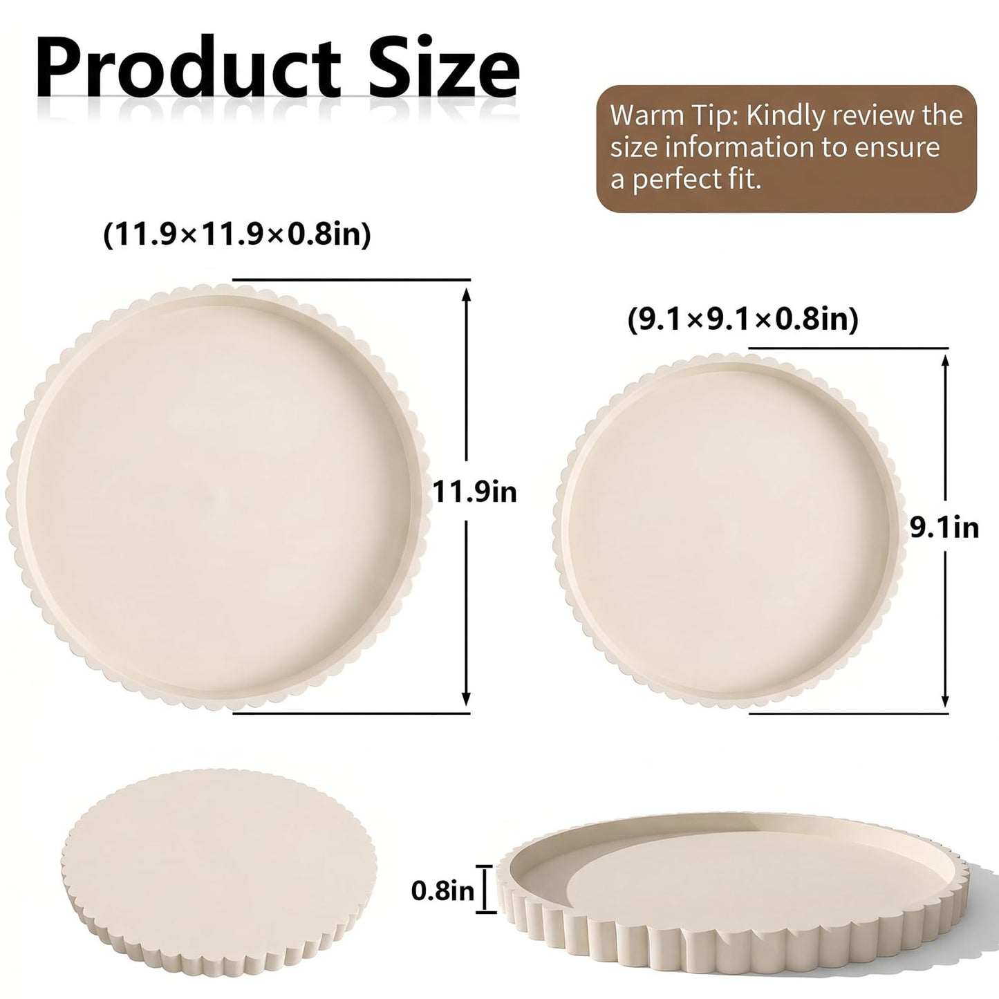 Silicone Bathroom Tray with Scalloped Edge, 30 x 30 cm Round Large Countertop Decorative Tray for Bathroom