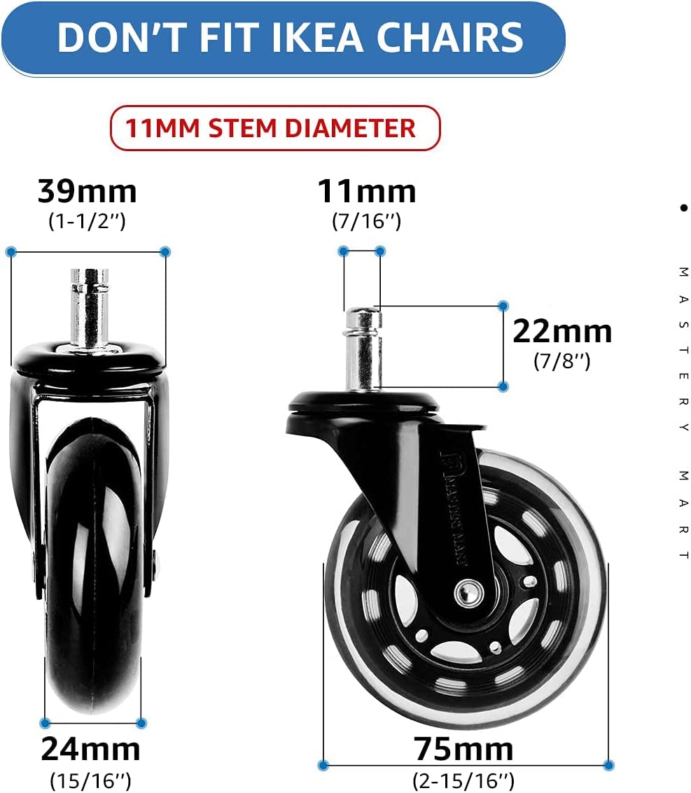 Mastery Mart Office Chair Wheels Replacement- 11x22mm Rubber Office Chair Castors, Smooth & Silent on Hardwood & Carpet