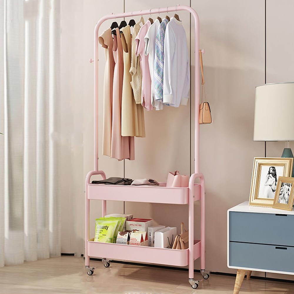BSTHOK Clothes Rack Metal Rail Coat rack for bedroom Heavy Duty Clothing Garment 2-Tier Storage Shelves with small wheels Organiser 68cm Width