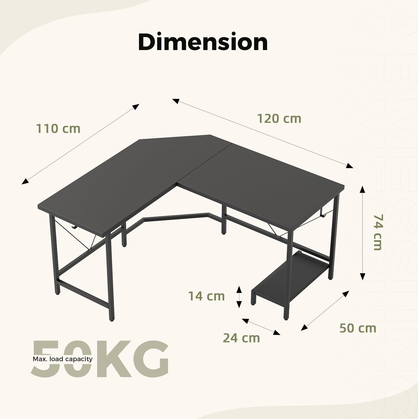 Mericonia L Shaped Desk, Diamond Design for Socket, 120x110cm, Black