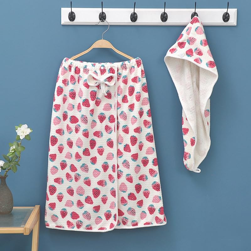 Cute Strawberry Print Bathrobes,Bath Towels Set,towel wrap for women,towelling dressing gown ladies,head Hair Wrap Quick Dry Cap,cotton hair drying