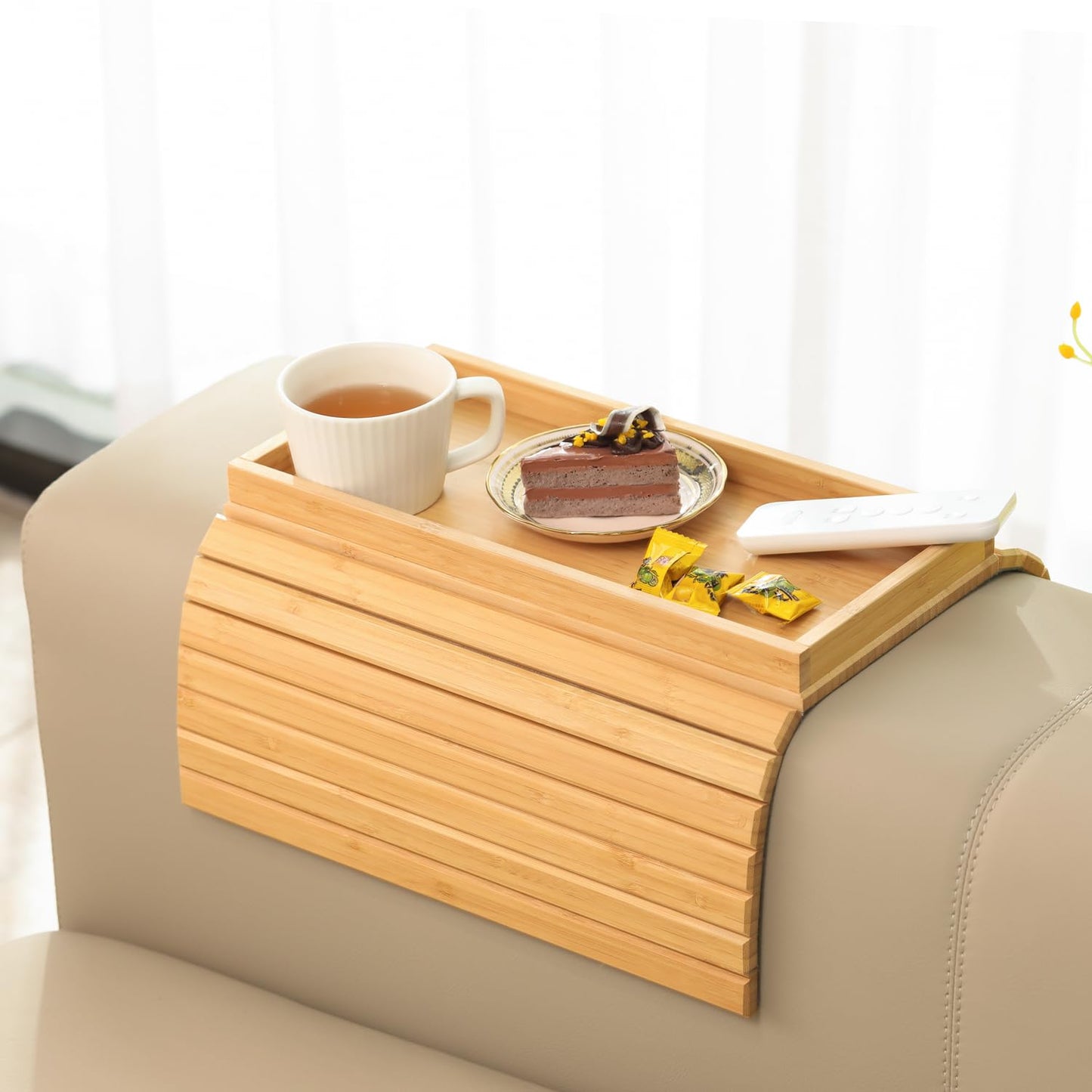 GEHE Bamboo Sofa Arm Tray, Foldable Couch Arm Tray Side Table, Anti-Falling Armrest Tables Cup Holder for Snacks, Drinks, Beers, Phone, Control