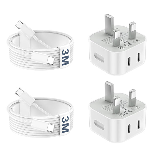 USB C Charger for iPhone 17 16 15 20W Fast Charger USB C Plug & 3M USBC Cable, 2 Pack Type C Dual Ports UK Wall Phone Charging Power Adapter Head Lead