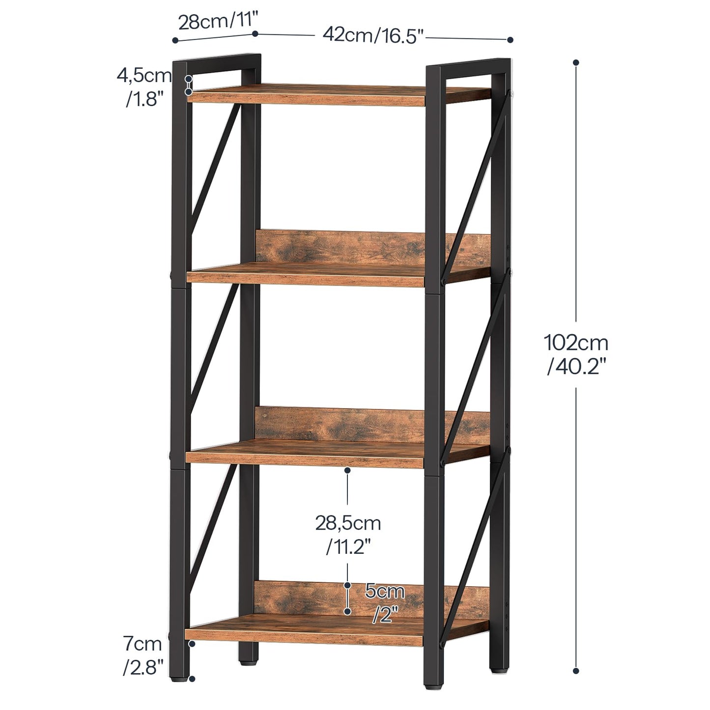 HOOBRO 4-Tier Bookshelf, Industrial Corner Bookcase, Display Rack, Metal Frame, for Living Room, Bedroom, Office, Kitchen, Entryway