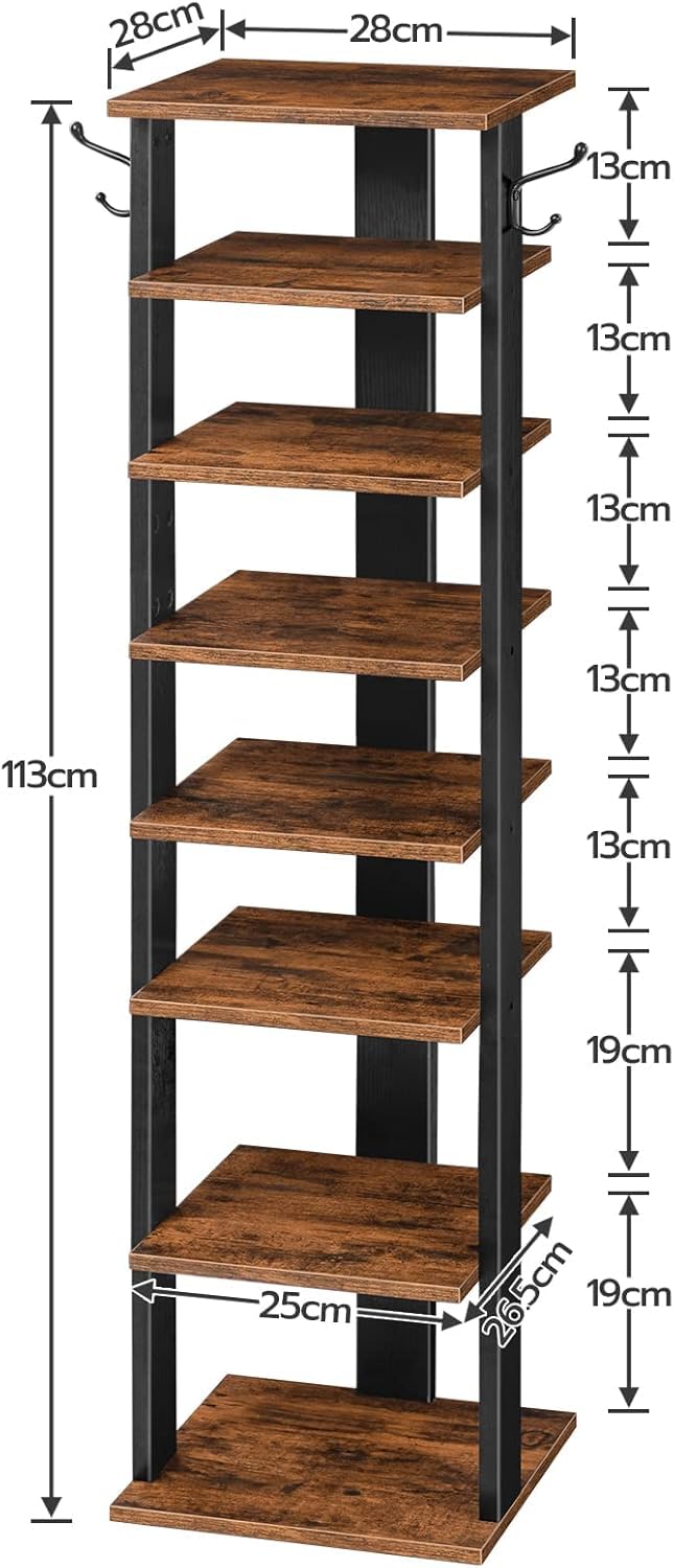 HOOBRO Shoe Rack Wooden, Tall Shoe Rack, Narrow Shoe Storage Organizer with 2 Hooks, Slim Narrow Shelf, Vertical Tower for Entrance, Living Room