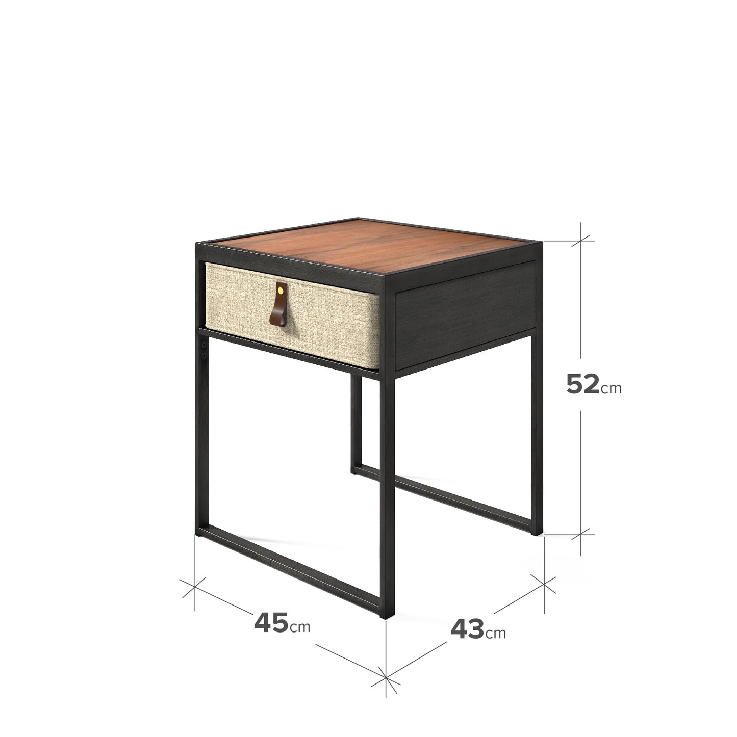 Zinus Ilsang Nightstand 45x43x52 cm - Metal and Wood Side table - Taupe fabric drawer - Brown and Black