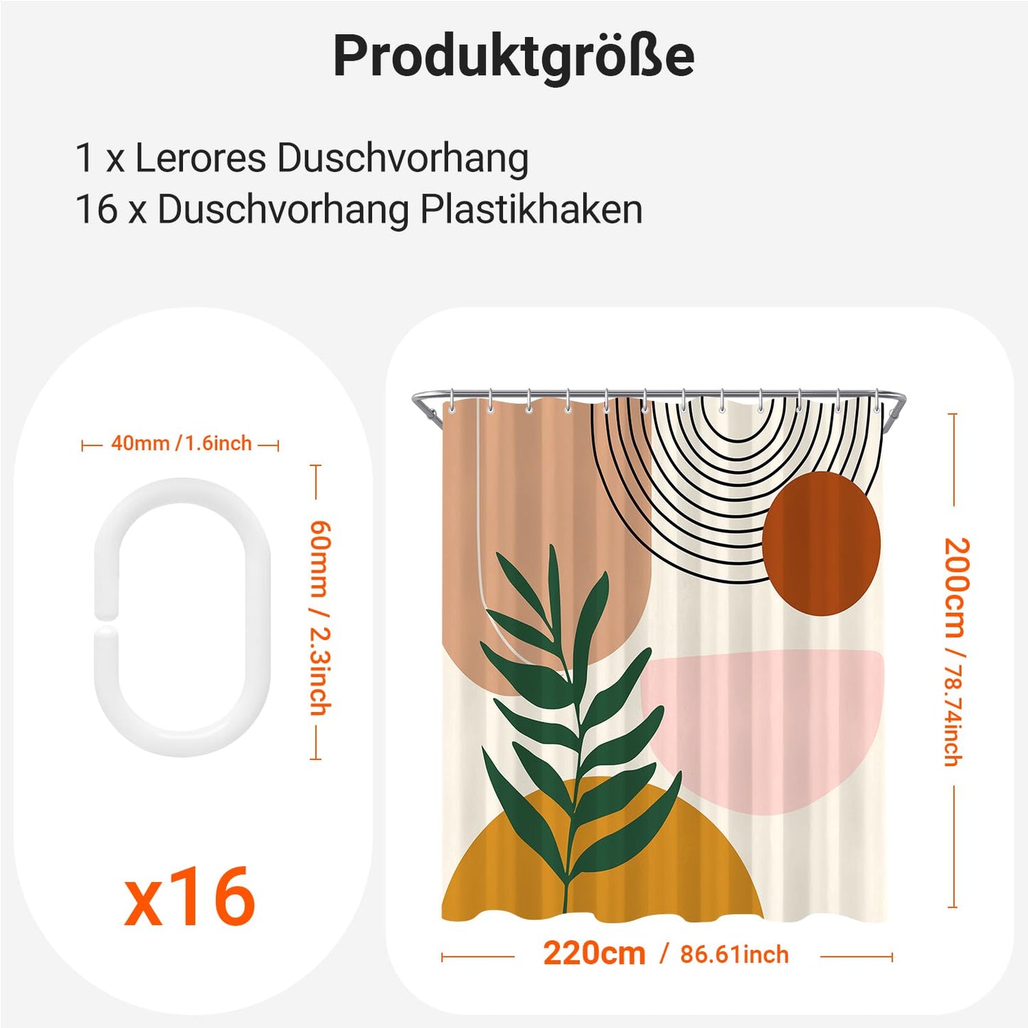Lerores Shower Curtain, 220 x 200 cm, Leaf Print, Weighted Hem, Anti-Mould Textile, Water-Repellent