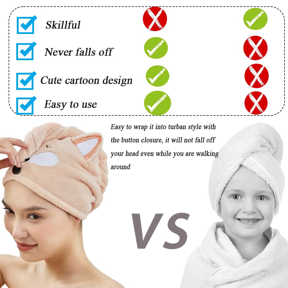 Girls' Absorbent Hair Towel Wrap Kids Hair Drying Wrap Towel Hat Cute Cartoon Turban Towels with Button Anti-Frizz Wet Hairs Shower Cap Quick Drying