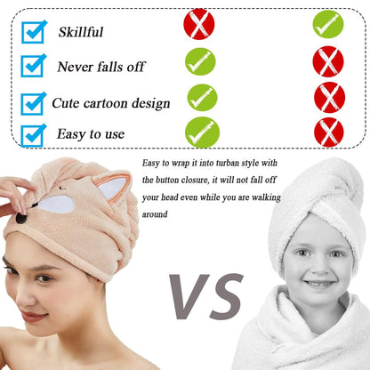 Girls' Absorbent Hair Towel Wrap Kids Hair Drying Wrap Towel Hat Cute Cartoon Turban Towels with Button Anti-Frizz Wet Hairs Shower Cap Quick Drying