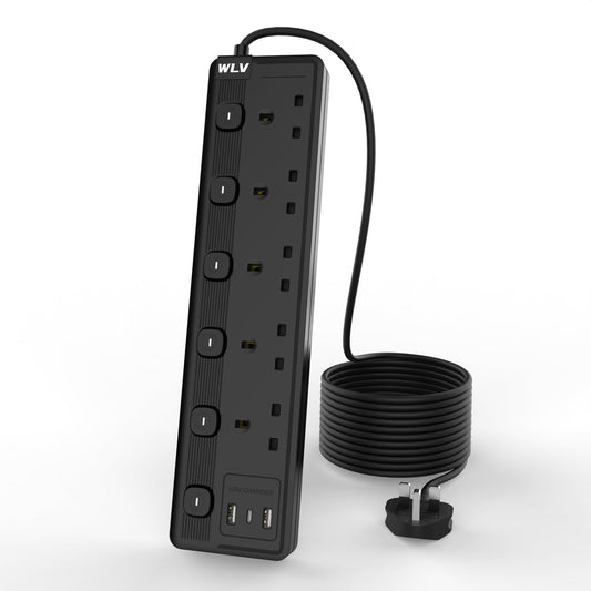 WLV 3M 5 Gang Extension Lead with 3 USB Slots, Black Extension Lead with Individually Switch, Wall Mounted Power Strip for Dorm, Kitchen, Living Room,