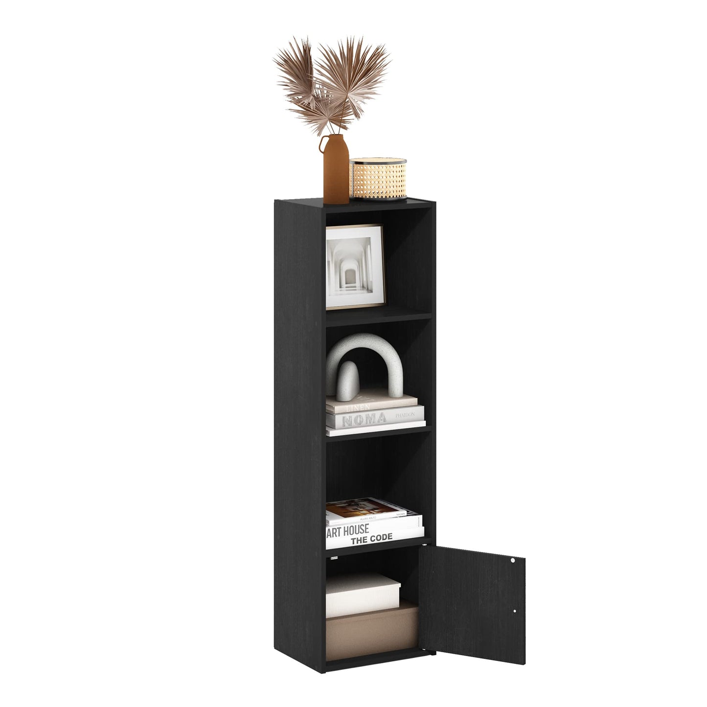 Furinno LUDER Book Shelf, 4-Tier Bookshelf, Bookcase with 1 Door Storage Cabinet, 9.3 x 12 x 41.8, for Living Room, Bedroom, Home Office, Blackwood