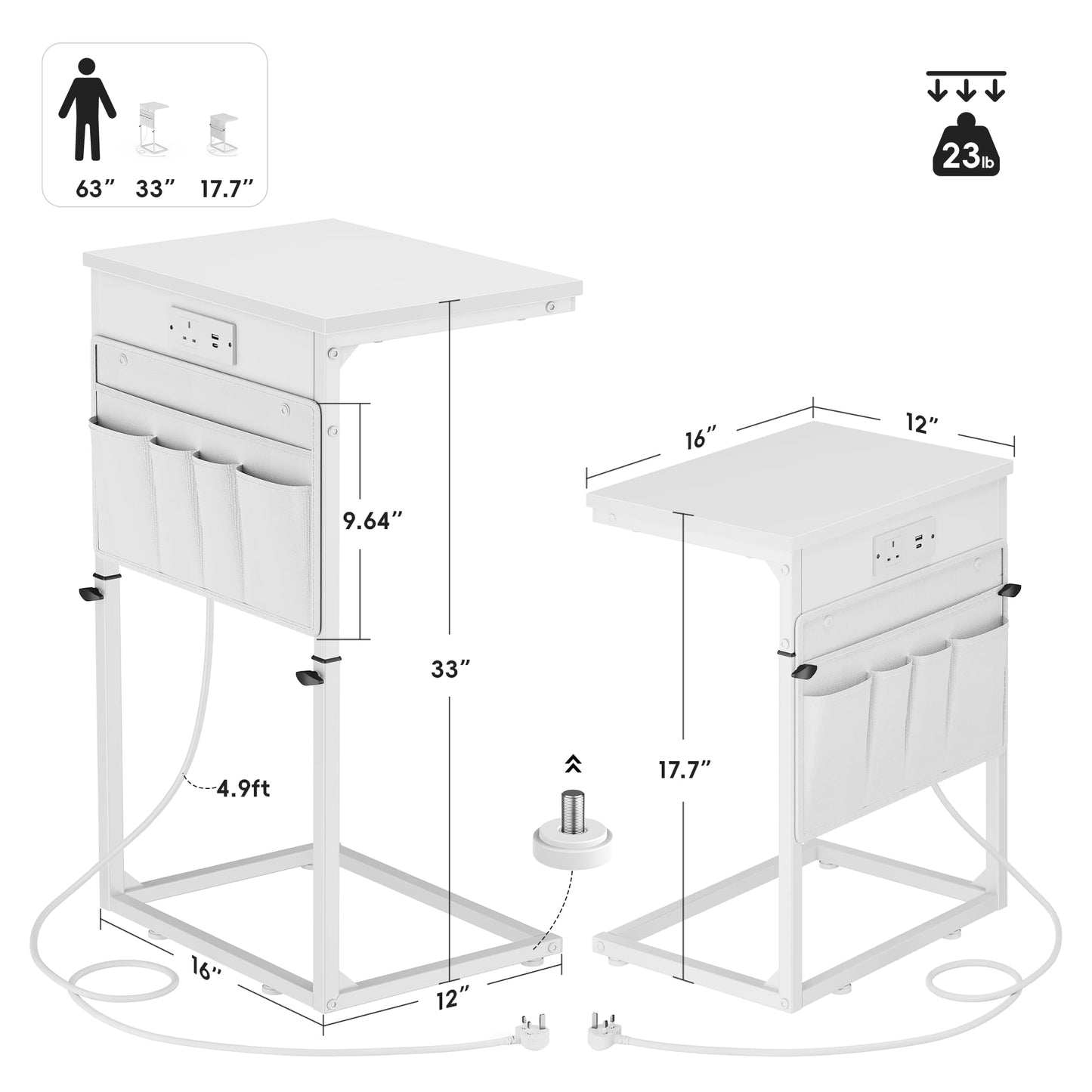 Vagusicc C-Shaped Side Table with Charging Station, Height Adjustable Sofa Side Table, Bedside Table, End Table for Small Spaces