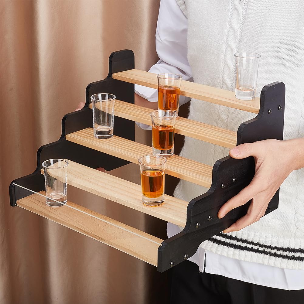 NBEADS 5-Tier Shot Glass Display Rack, Wooden Liquor Shelf with Acrylic Baffle Display Rack Shot Tiered Spice Rack Shot Glasses Holder for