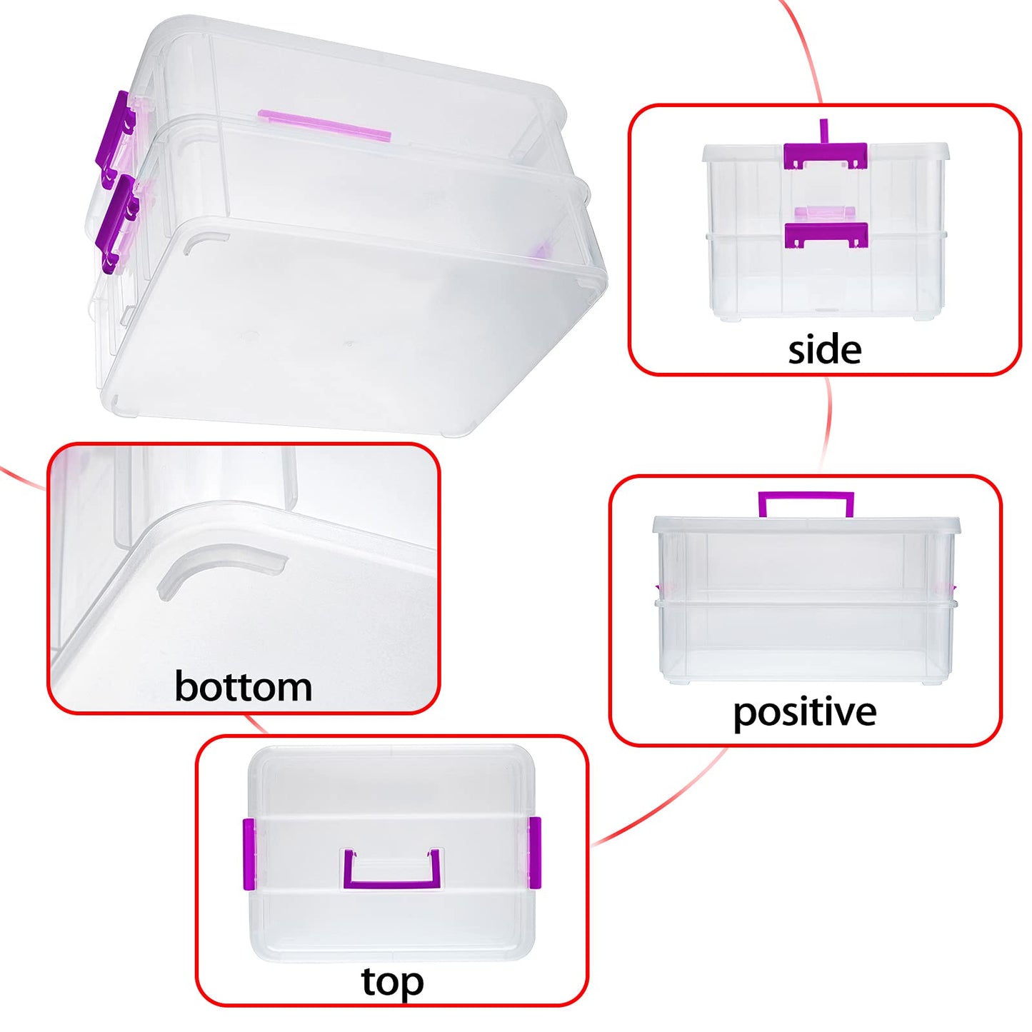 IGNPION 2-Tier Stackable Craft Storage Box Plastic Adjustable Storage Containers with Carry Handle Transparent Containers Organiser for Art & Craft