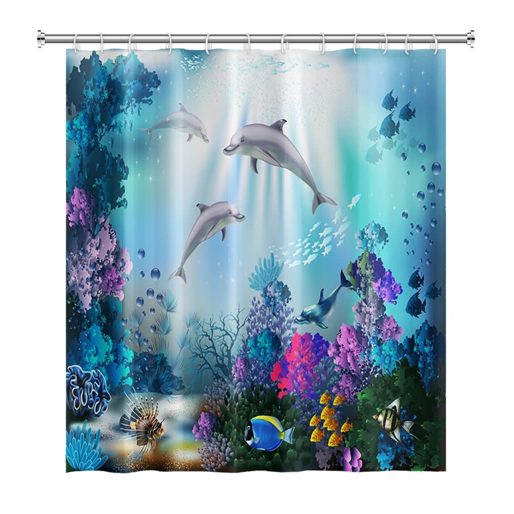SDOTPMT 122x183cm Ocean Dolphin Shower Curtain Sunbeam Tropical Colorful Fish Bath Curtain Underwater World Marine Animals Bathtub Curtain for